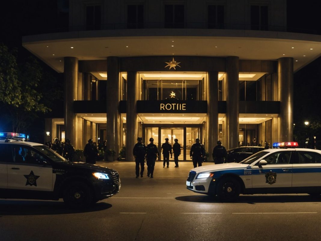 Five-star hotel entrance with police presence at night