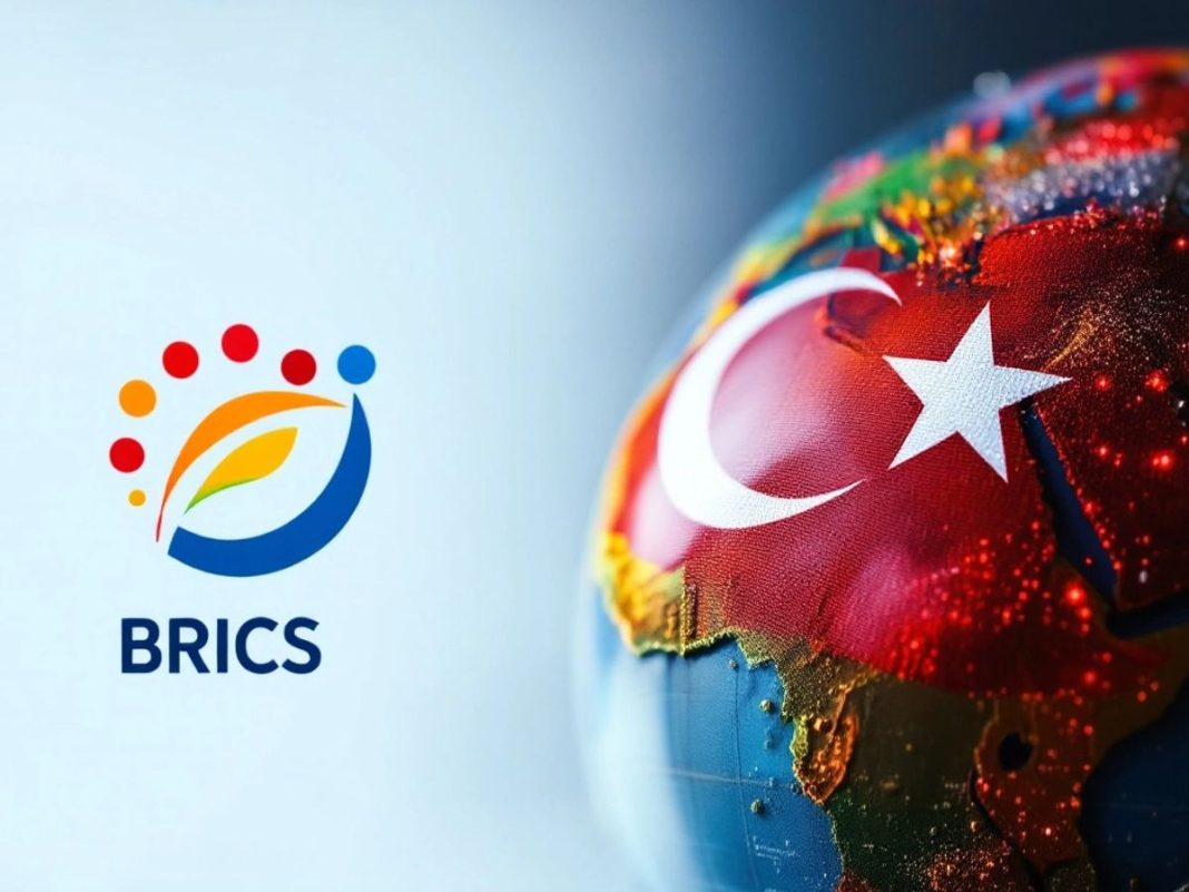 Turkish flag and BRICS logo with a globe background.