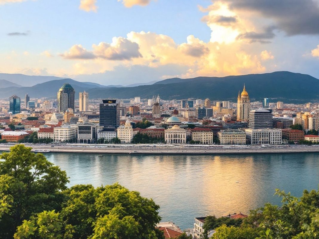 Skopje skyline with Vardar River and historical buildings.