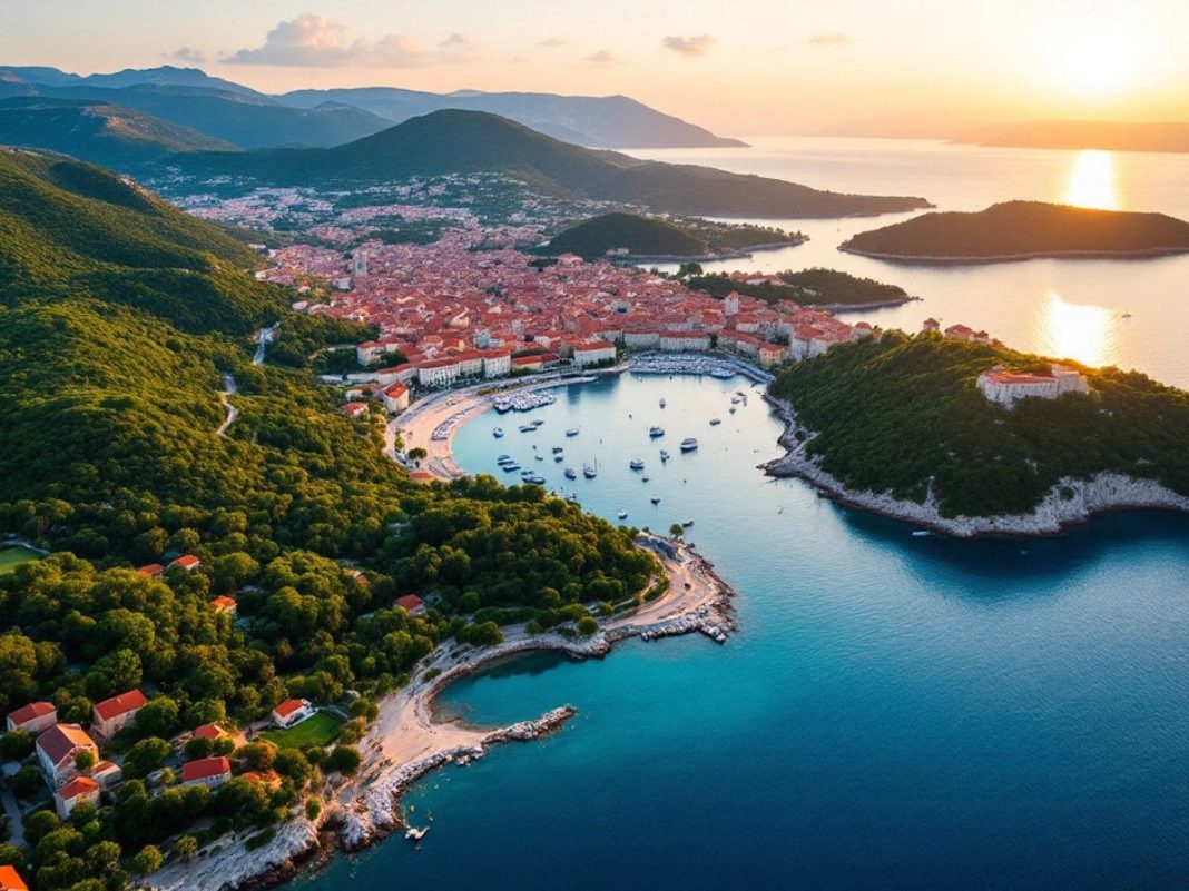 Aerial view of Cavtat and Dubrovnik at sunset.