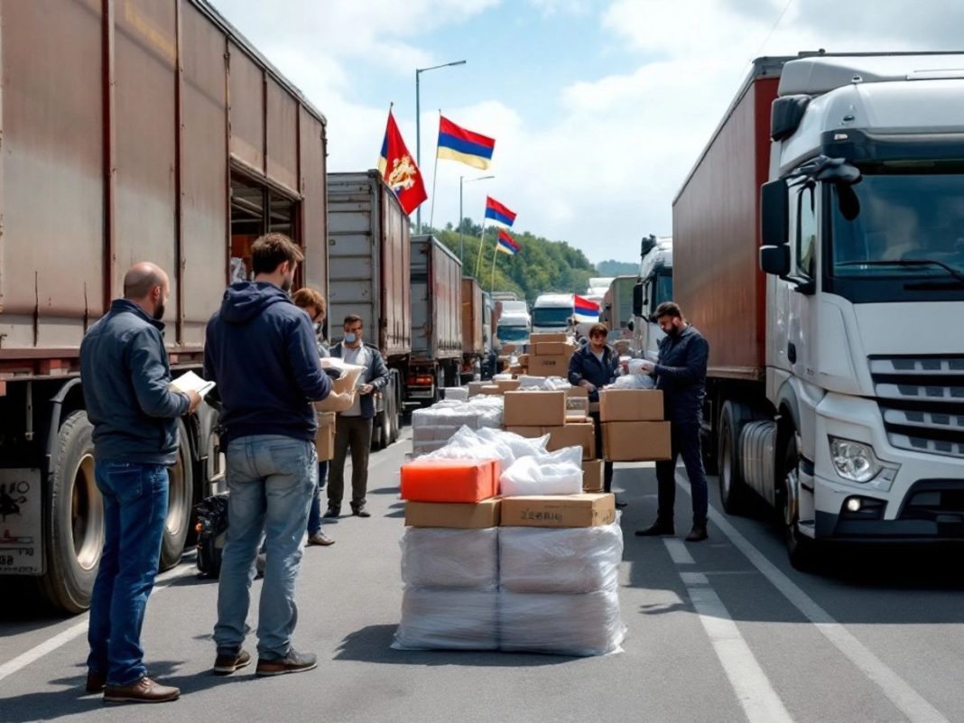 Border crossing with trucks and customs officials at work.