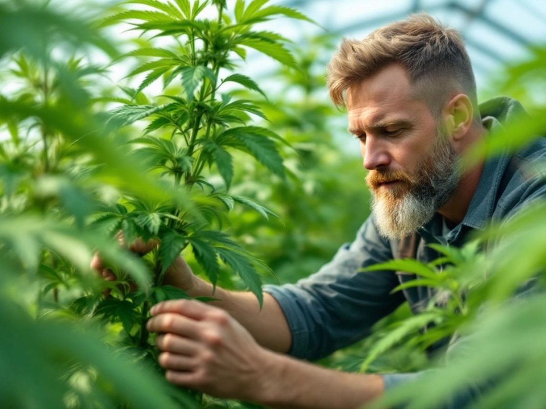 Man caring for cannabis plants in a greenhouse.