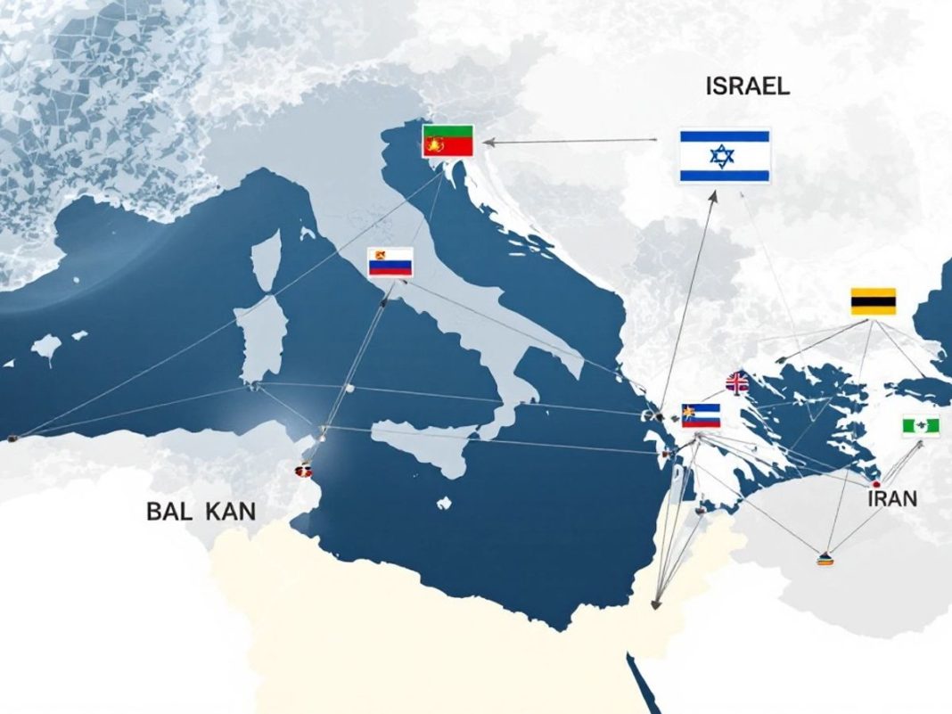 Map of Israel and the Balkans with flags.