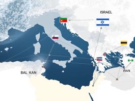 Map of Israel and the Balkans with flags.