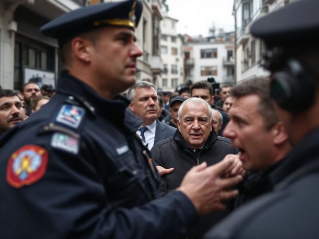 Former president arrested, police and crowd in background.