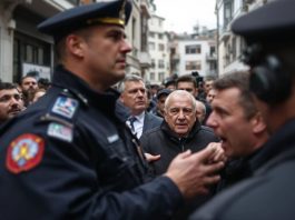 Former president arrested, police and crowd in background.