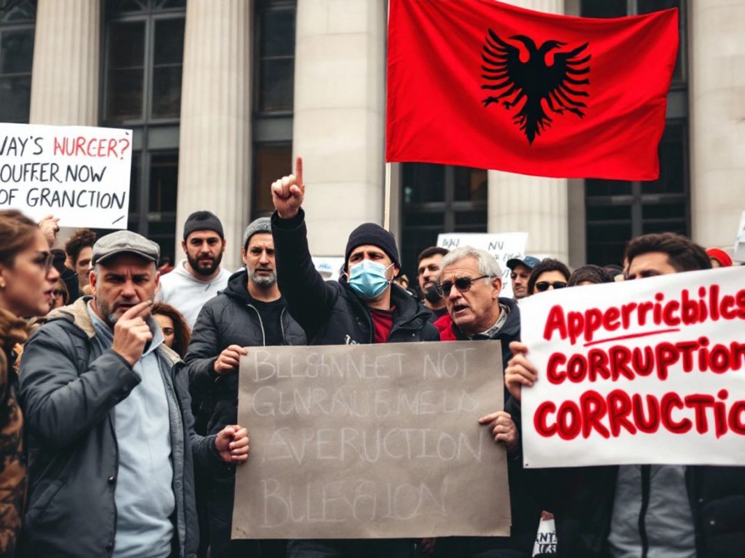 Frustrated citizens protesting outside a government building.