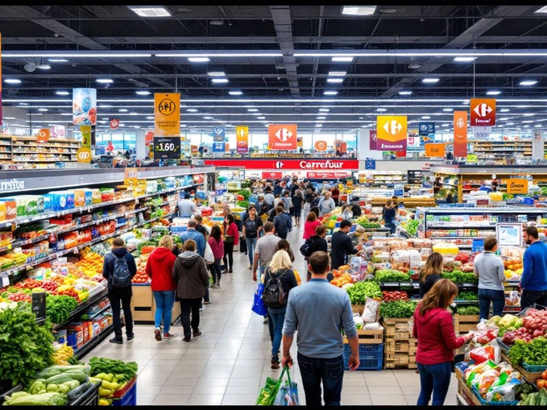 Busy Carrefour store with shoppers and colorful product displays.