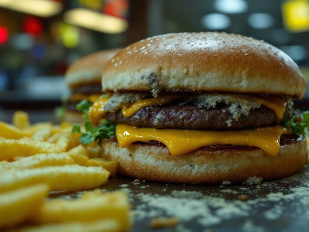 Contaminated McDonald's burger with mold and uneaten fries.