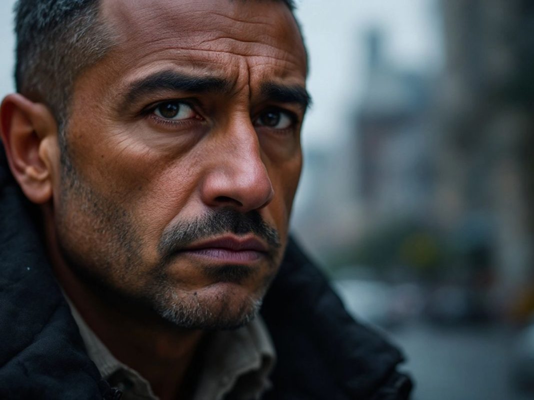 Contemplative man in a cityscape background.