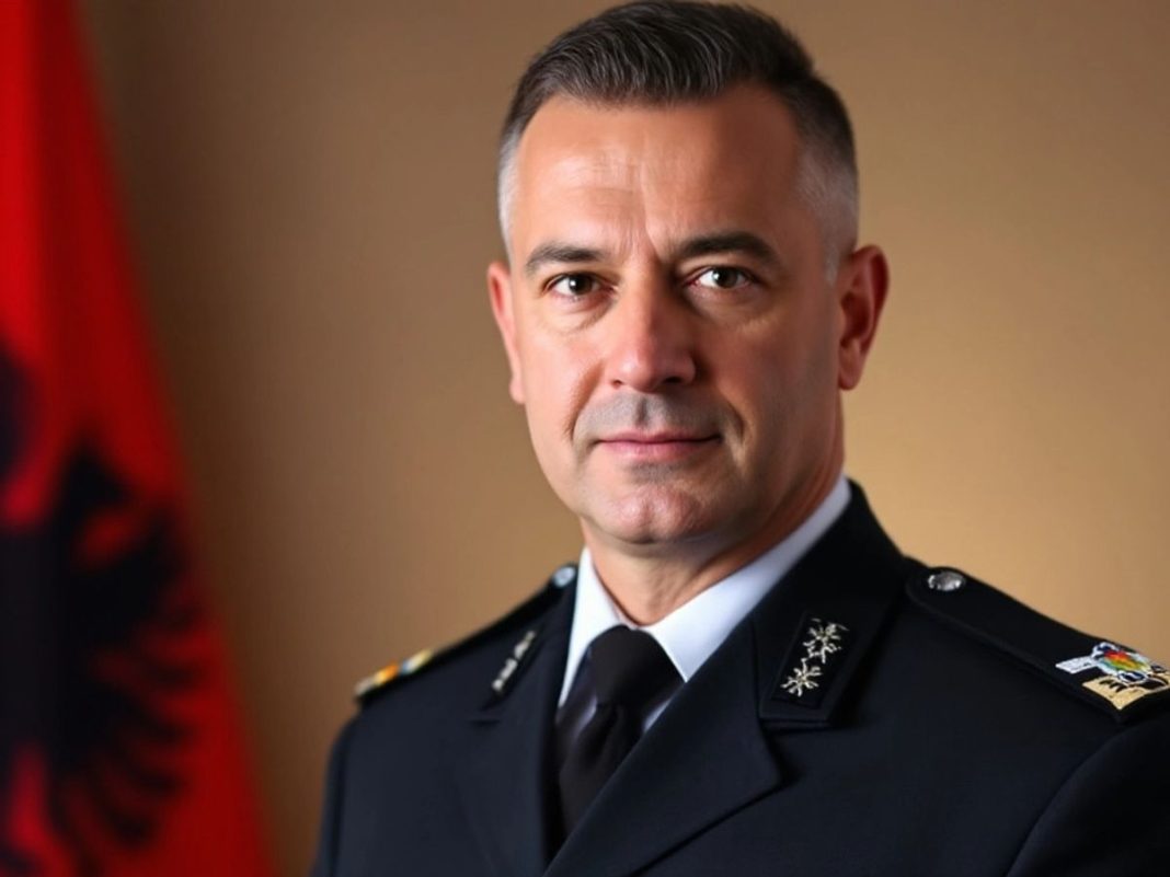 Albania's new police chief in uniform with the flag.