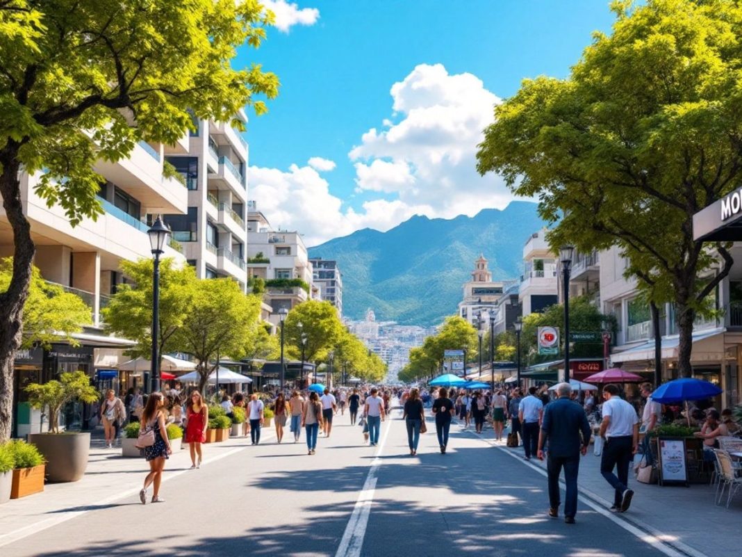 Montenegro cityscape with modern buildings and greenery.