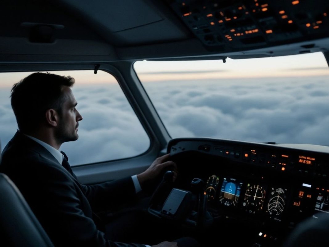 Empty cockpit with illuminated flight instruments and clouds.