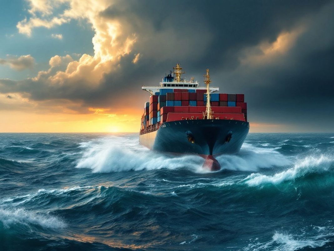 Cargo ship in turbulent Red Sea waters under dark clouds.