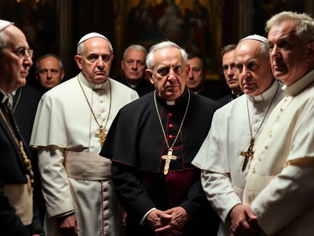 Catholic officials looking concerned in a formal setting.