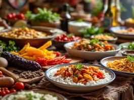 Colorful Bulgarian dishes at a food exhibition.