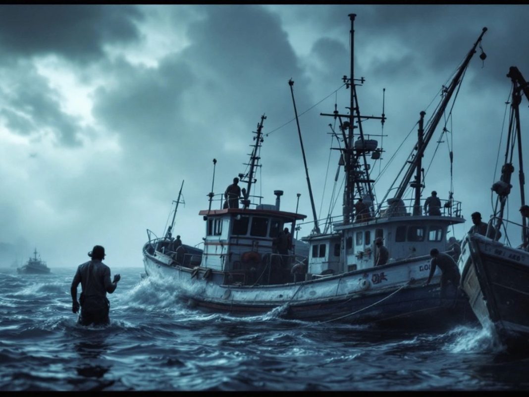 Fishing port with boats and fishermen in cloudy weather.