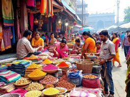 Colorful Bangladeshi goods in a lively market setting.