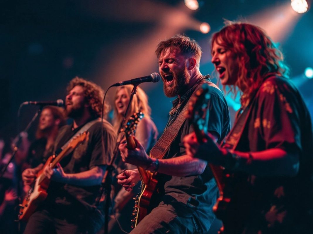 Musicians performing on stage with energetic crowd.