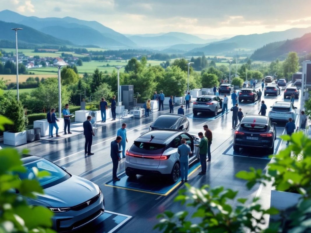 Slovenian factory producing electric vehicles with green surroundings.