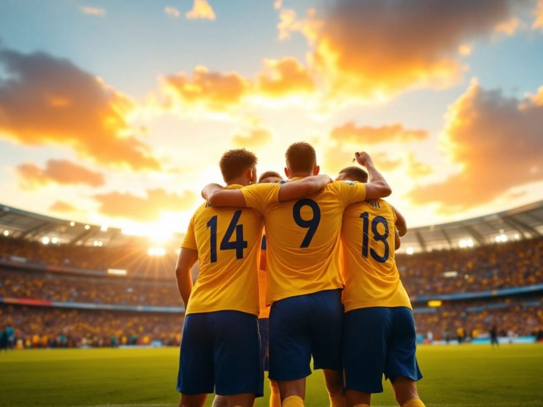 Romanian players celebrating a 3-0 victory over Cyprus.