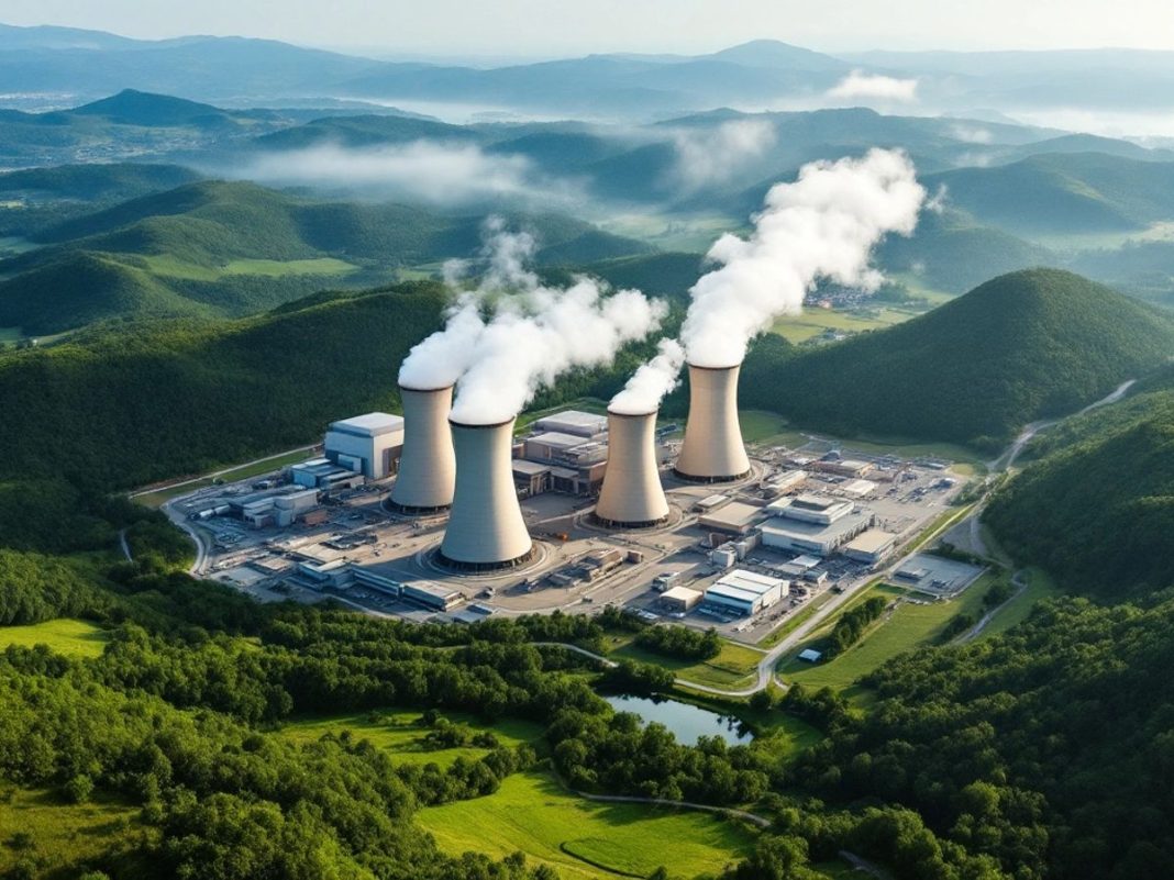 Krsko Nuclear Power Plant amidst green hills and smoke.