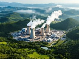 Krsko Nuclear Power Plant amidst green hills and smoke.