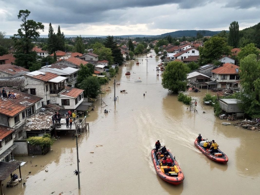 Flooded streets in Bosnia with submerged homes and boats.