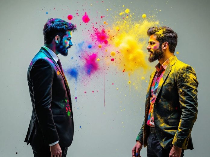 Young person throwing paint at a suited figure.