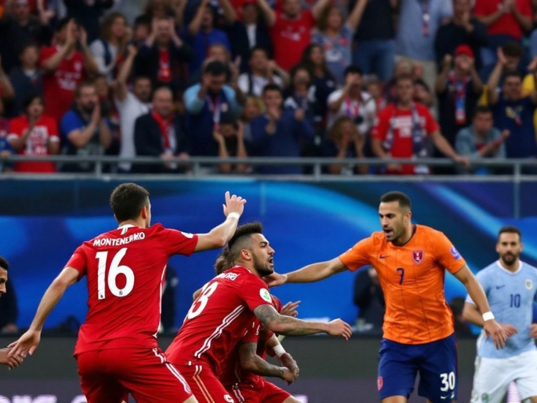 Turkey players celebrating a goal against Montenegro.