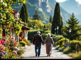 Elderly couple walking in a picturesque Montenegrin landscape.