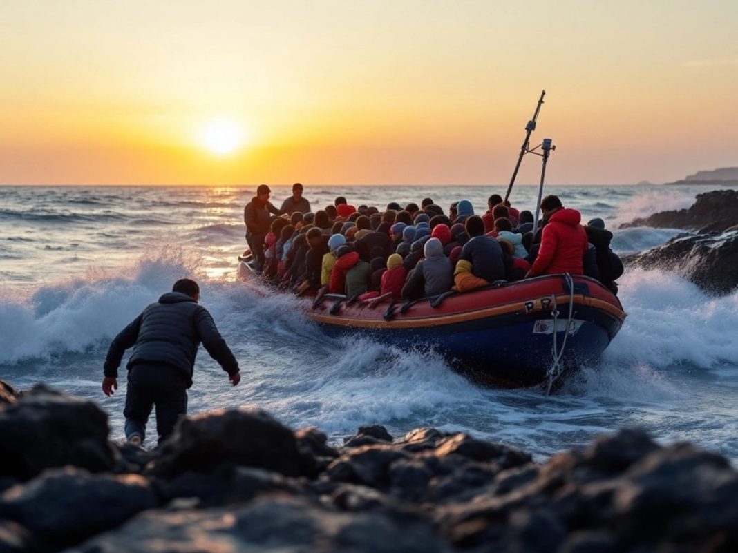 Migrants arriving on a Greek shore at sunset.