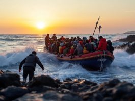 Migrants arriving on a Greek shore at sunset.