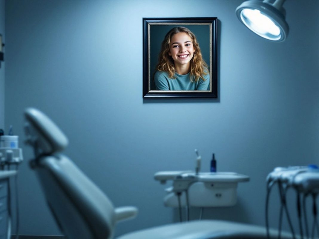 Dental chair and tools in a somber dental office.