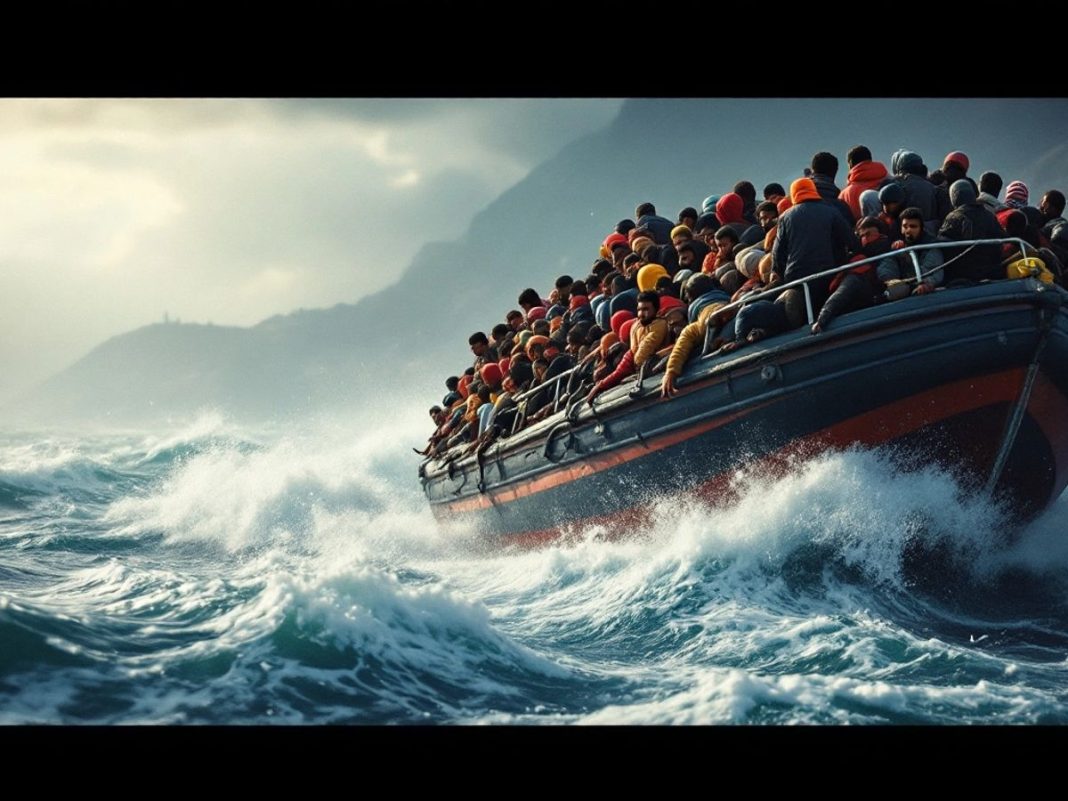 Migrants on a boat in rough seas near Italy.