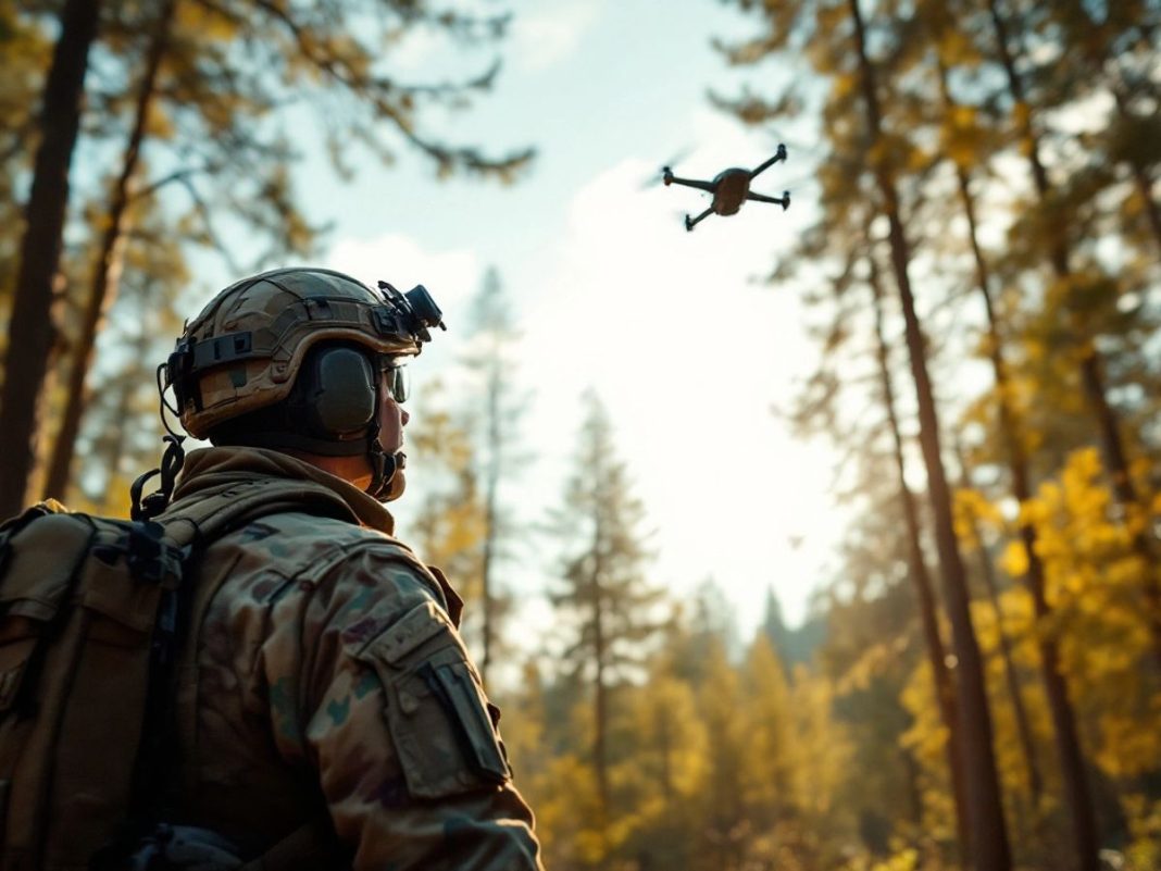 Soldier observing a drone in a forested area.