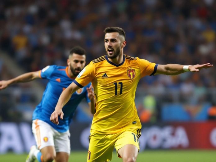 Armenia and North Macedonia players competing in a soccer match.