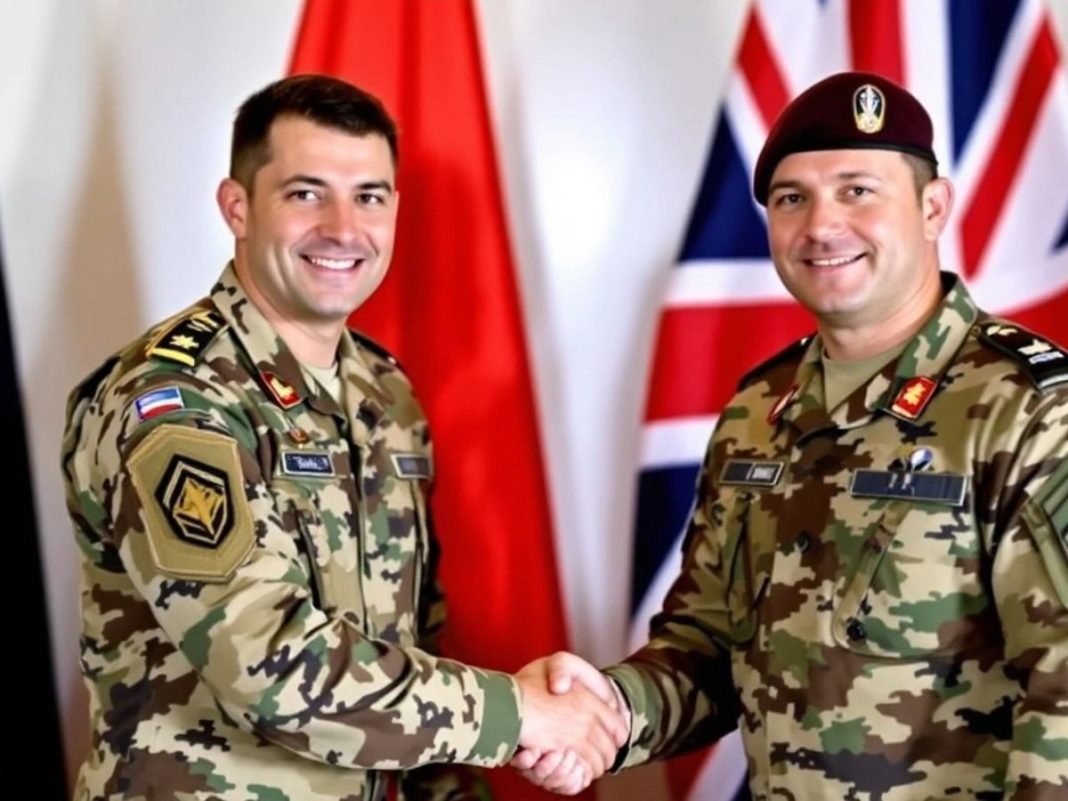 Bulgaria and UK military officers shake hands.