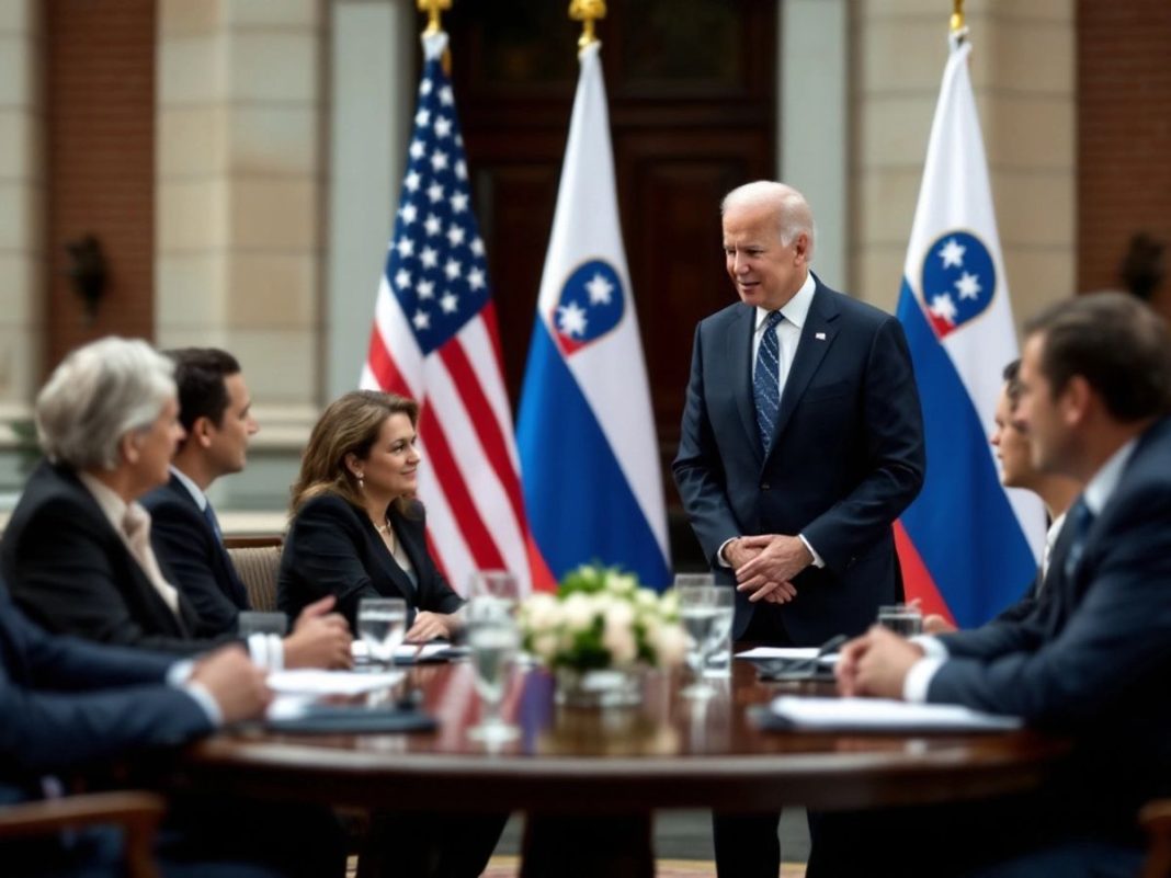 Biden and Slovenian officials in a diplomatic meeting.