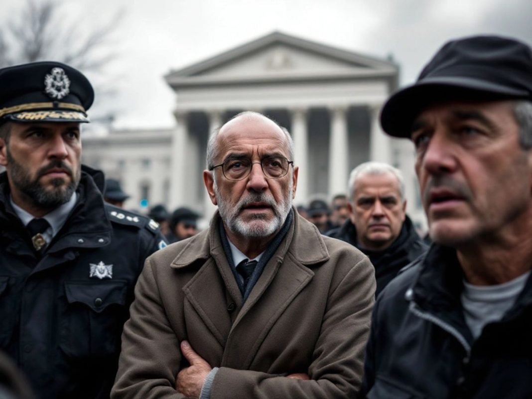 Opposition leaders being escorted by police in Albania.