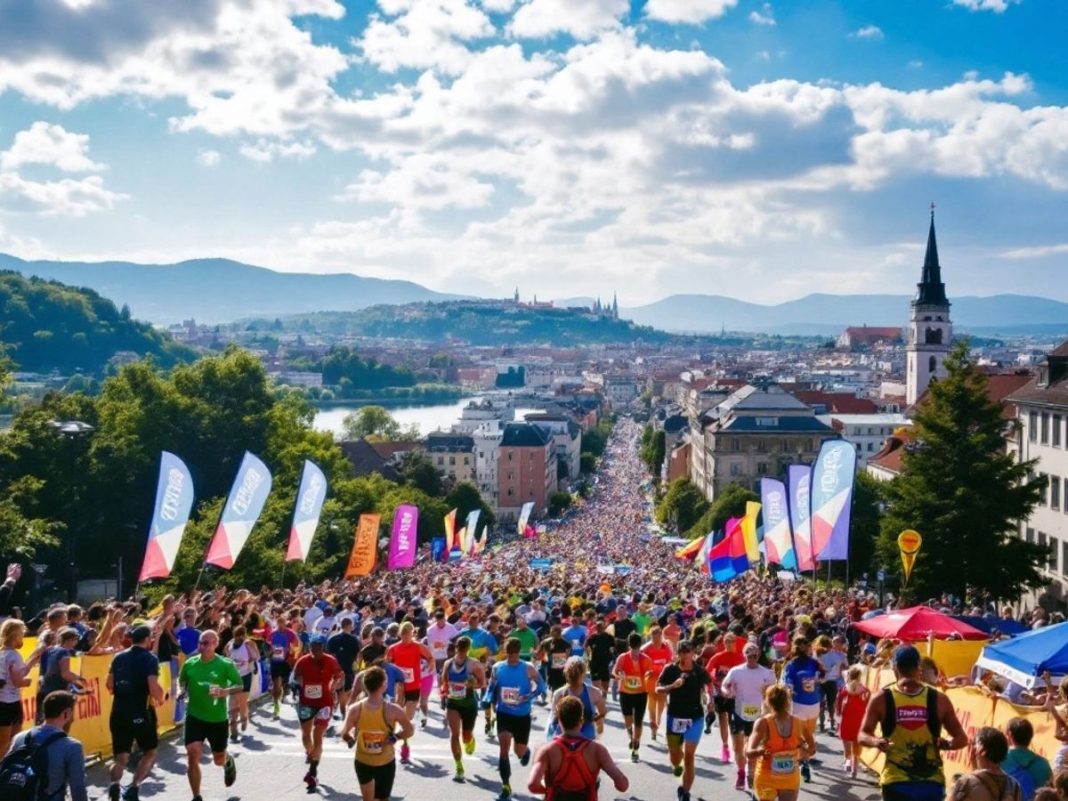 Runners finishing the Ljubljana Marathon with cheering crowds.