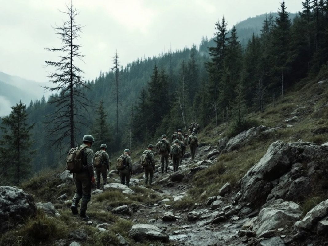 Teenage soldiers searching in a dense Bosnian forest.