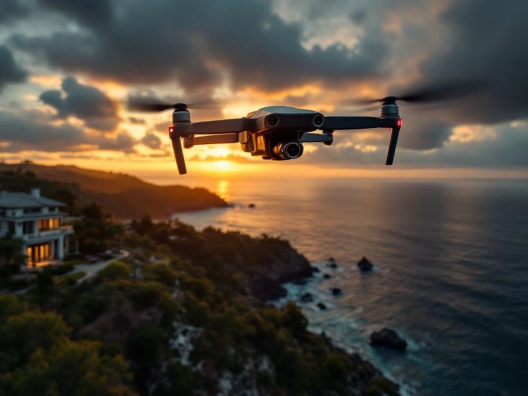 Drone flying over a holiday home near the coast.