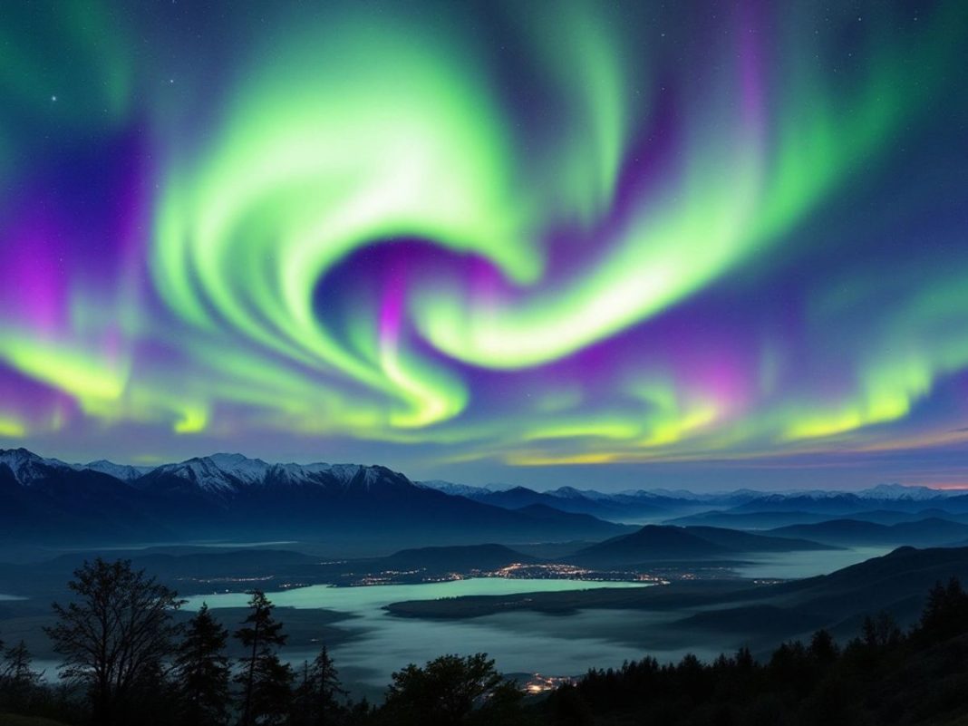 Aurora Borealis over a dark Bulgarian landscape at night.