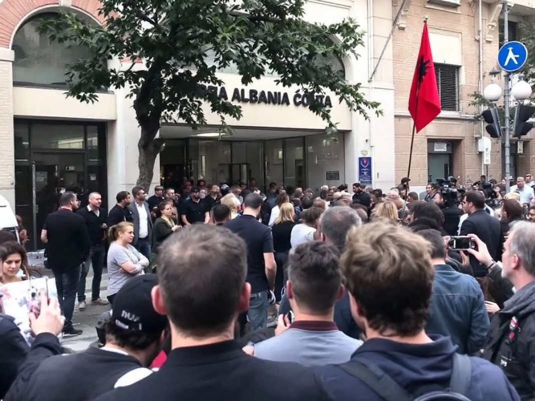 Crowd and police outside Albanian government building.