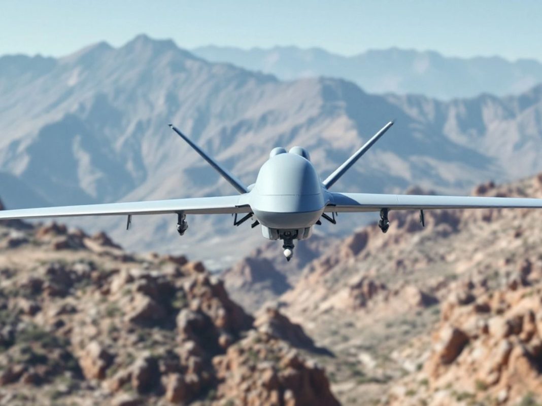 Military drone flying over Albanian mountains.