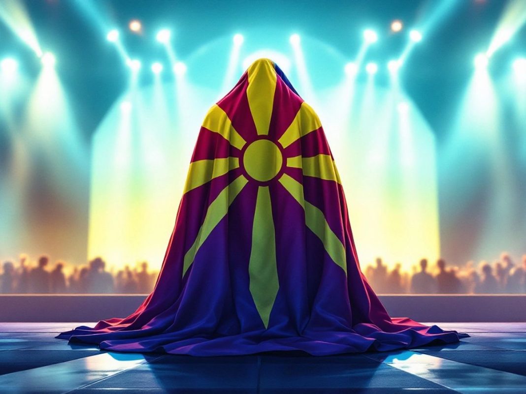 North Macedonian flag on a stage with bright lights.