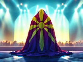 North Macedonian flag on a stage with bright lights.