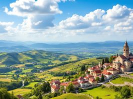 Scenic view of Kosovo's landscapes and architecture.