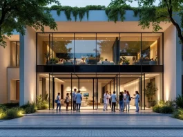 Modern polyclinic exterior with glass doors and greenery.